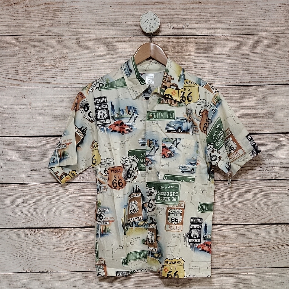 Hemet Men's Small Route 66 Themed Short Sleeve Button Down Shirt